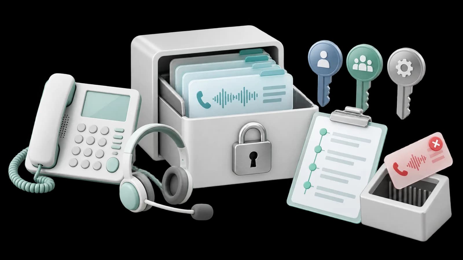 Konzeptillustration: Wie werden KI-gestützte Telefonaufnahmen und personenbezogene Daten behandelt? Informationen, Speicherung, Berechtigungen und Prüflisten.