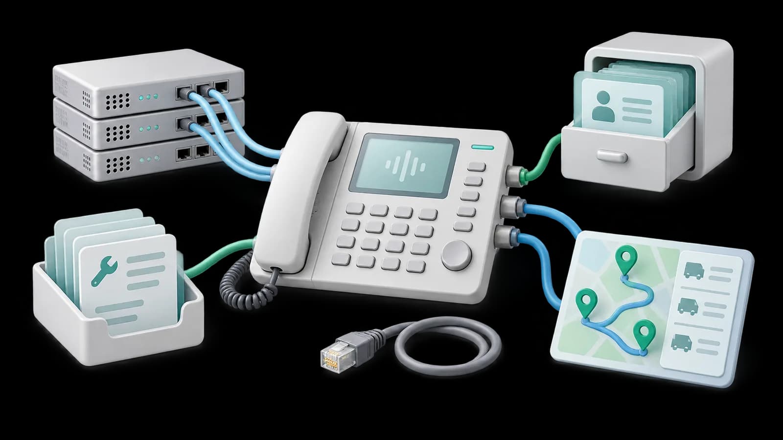 Konzeptillustration: Wie können KI-basierte Telefonanlagen mit PBX-Systemen, CRM-Systemen, Arbeitsauftrags- und Auftragsverwaltungssystemen verbunden werden?